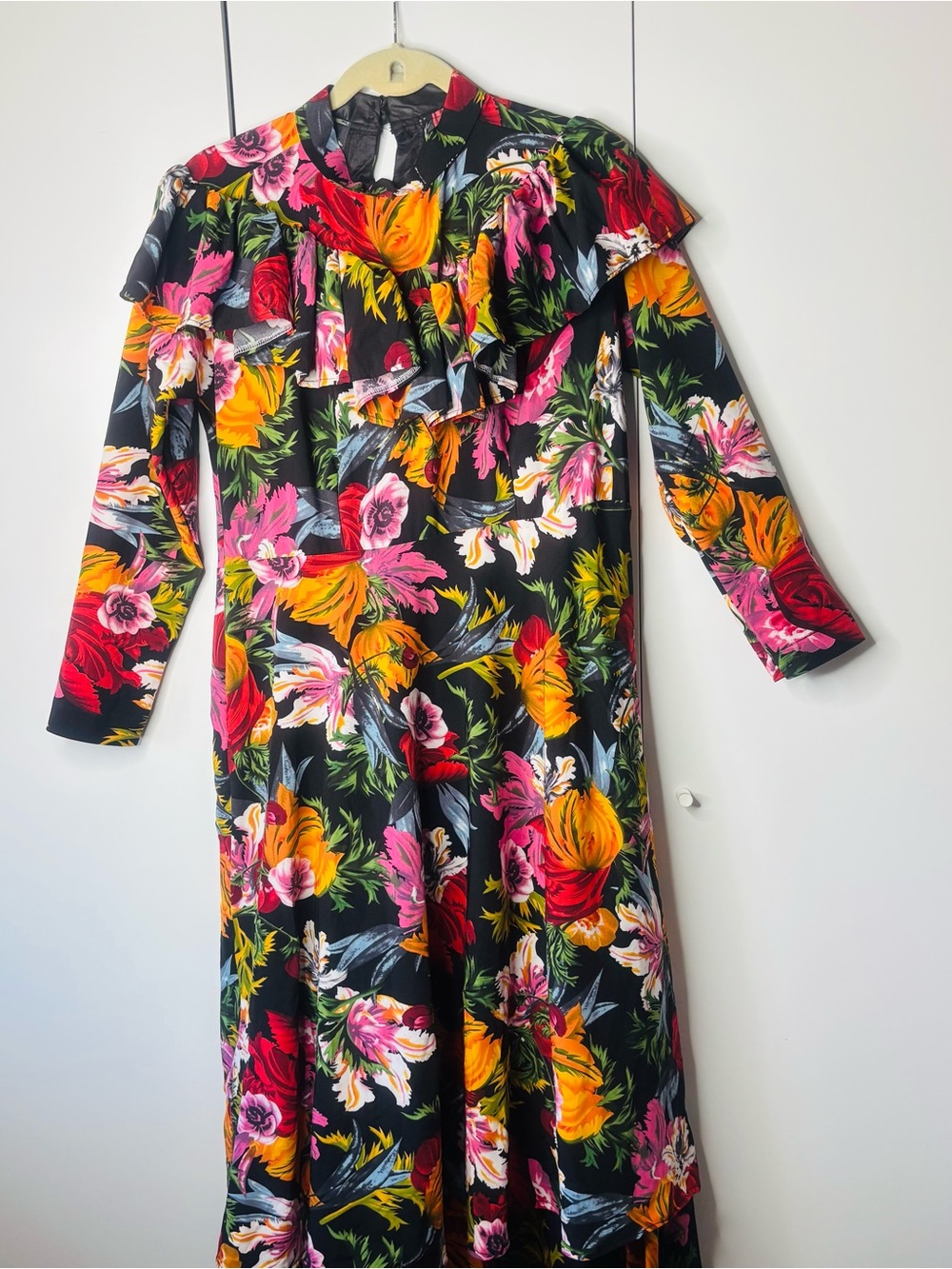 Black Floral Ruffle Midi Dress with Vibrant Pink & Yellow Blooms
